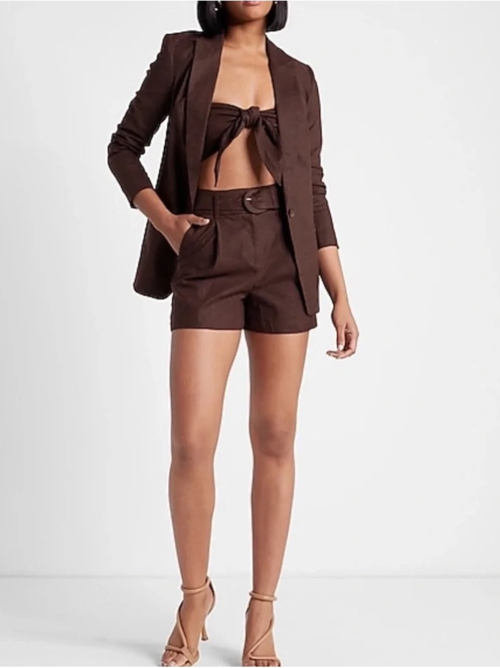 Express Linen-Blend Brown Tie-Front Bandeau - Picture 3 of 4